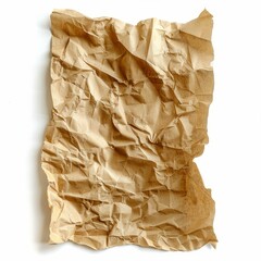 Crumpled brown paper on white background creating textured effect