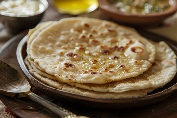 Freshly baked flatbreads with oil on rustic wooden plate
