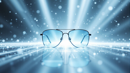 Stylish blue-tinted sunglasses reflecting light, perfect for summer fashion and outdoor activities.