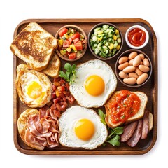 American Breakfast on Wooden Tray with Eggs, Bacon, Ham, Vegetables, Tomato, Beans, and Toast &ndash; Isolated on White Background