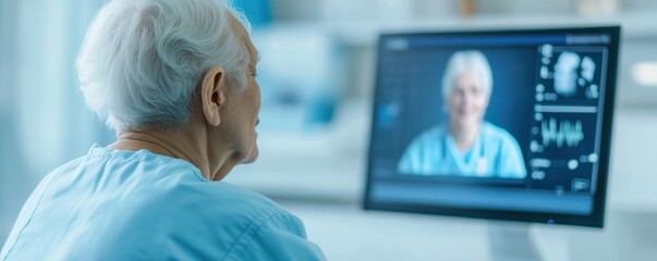 Elderly patient participates in virtual consultation with doctor. Telemedicine tech helps in remote healthcare. Patient wears hospital gown. Doctor appears on monitor. Virtual health session in