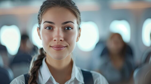A confident flight attendant in training, practicing emergency procedures and customer service skills,