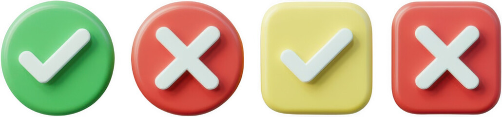 Obraz premium 3D Rendered Checkmark and Cross Icons Green Red Yellow Buttons