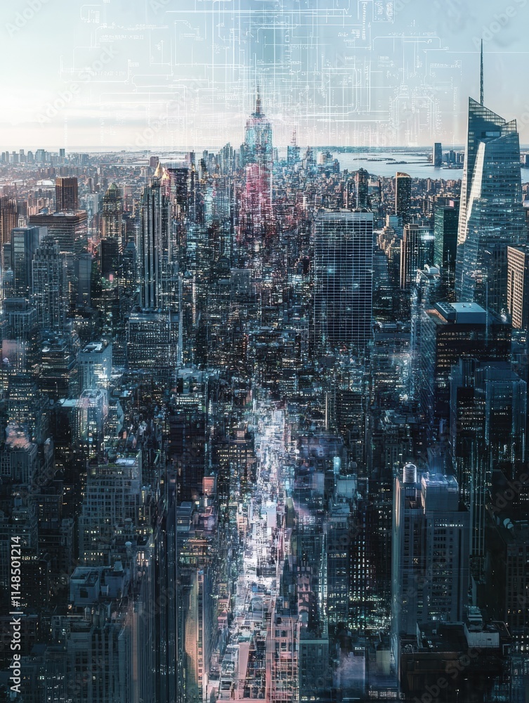 Poster cityscape illustrating ai integration with a digital neural network overlay at sunset. generative ai