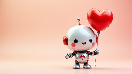 A charming robot character with a heart balloon, radiating happiness and love.