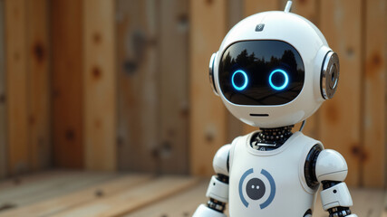 Fototapeta premium A cute white robot with blue eyes, designed for interaction and modern aesthetics.