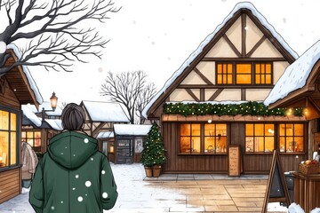 Naklejka premium A dreamy watercolor of a traditional German Christmas market with glowing lights, festive stalls, and warm holiday colors