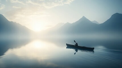 Solo Kayaker Paddling Calm Lake Mountains Sunrise