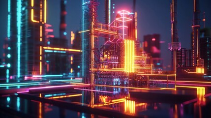 Fototapeta premium Neon Cityscape: Cyberpunk Industrial Complex at Night