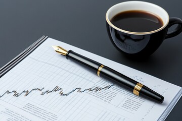 A financial report showing forex market trends printed on paper, paired with a cup of coffee and a fountain pen on a desk