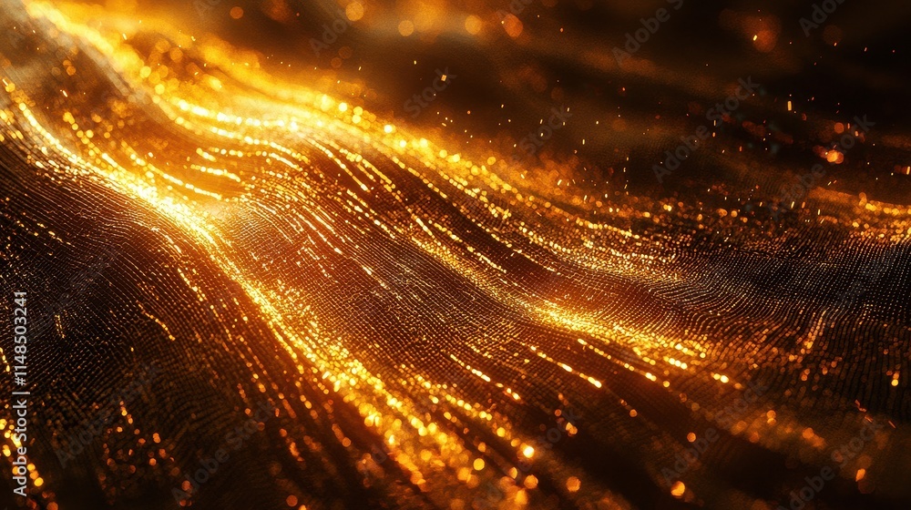 Poster shimmering gold wave with sparkles and glowing particles in dark background