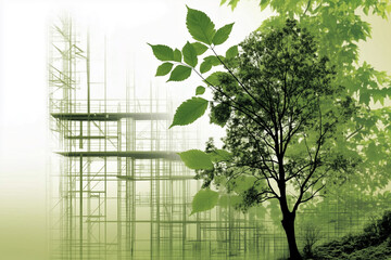 Obraz premium Green environmental scene with a tree and a building under construction representing urban sprawl and destruction of nature.