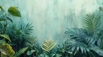 Lush Tropical Greenery Against A Teal Wall