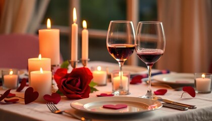 A romantic dinner setup with candles, wine glasses, and heart-shaped decorations.