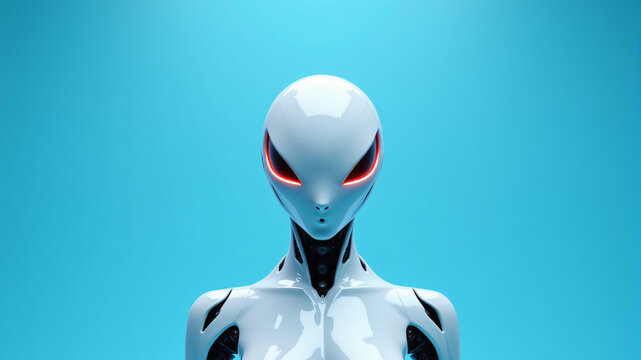A futuristic alien robot with glowing red eyes and a smooth, white surface.