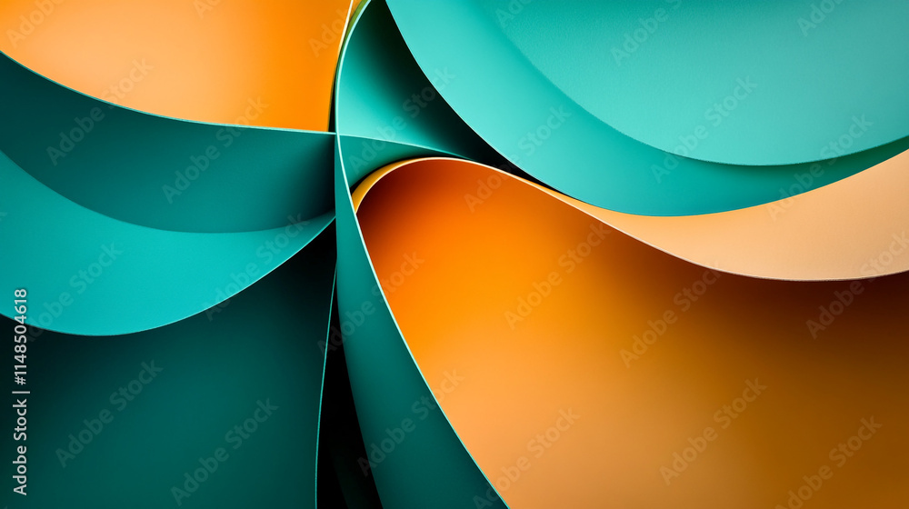 Poster abstract swirls of teal and orange paper create an artistic display in a modern setting during dayli