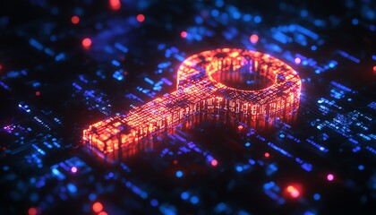 A glowing digital key formed from binary code, representing encryption and cybersecurity in a futuristic virtual landscape