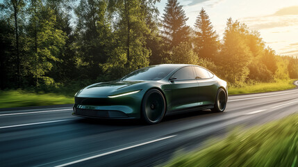 Fototapeta premium An electric car speeding along a highway that winds through a dense forest, vibrant headlights contrasting with natural shades of green, soft dusk lighting, cinematic photography
