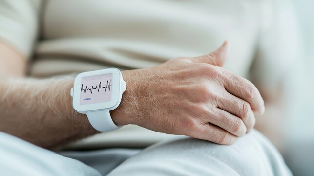 Elderly person wearing wearable ECG monitor. Person scans device on wrist. Device displays heart rate. Remote patient monitoring tech. Shows health data. Modern healthcare innovation. Medical tech
