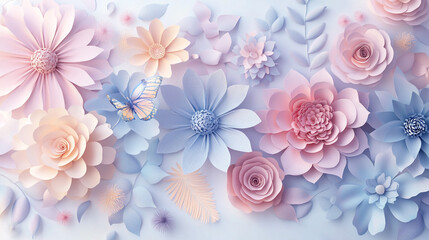 Decorative paper flowers in pastel colors create a serene and elegant floral arrangement