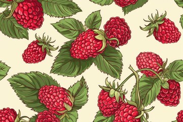 Ripe red raspberries growing on branch with green leaves seamless pattern
