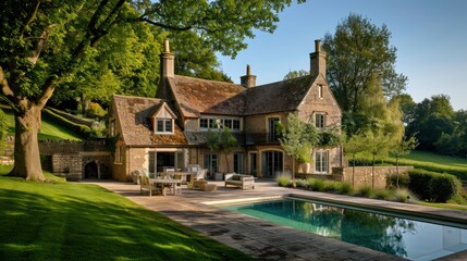 A modern country house, combining rustic charm with sleek architectural design,