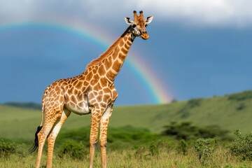 Obraz premium A giraffe standing under a rainbow after a light rainstorm, surrounded by lush vegetation
