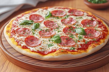 National Pizza Day Delicious Pepperoni Pizza on Wooden Board Italian Cuisine