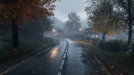 Fototapeta premium Rainy Autumn Roadside Houses