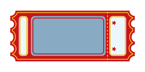 Colorful Circus Ticket Graphic. Red and yellow rectangular retro ticket template with blank space and perforated edges. Event admission concept for circus, carnival, theater, cinema, casino, club.