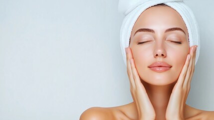 Woman with smooth skin gently touches face. Relaxed expression shows well-being, natural beauty. Healthy skin care concept. Advanced rejuvenation solution for soft, glowing skin. Woman enjoying