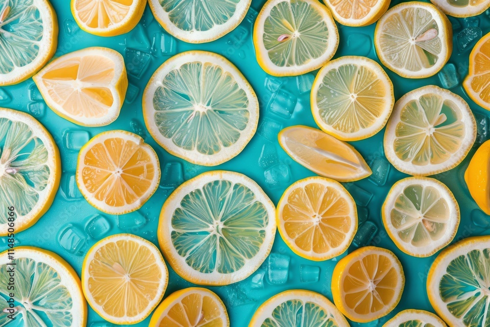 Poster sliced lemons and ice cubes creating refreshing summer pattern on vibrant turquoise background