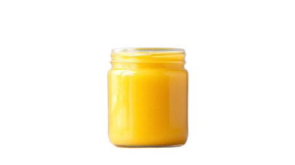 Glass jar filled with bright yellow natural honey on white background