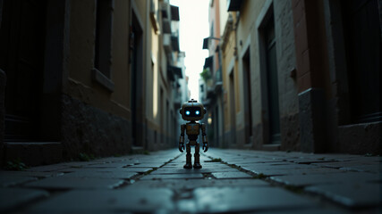 A small robot with glowing blue eyes stands alone in a narrow, deserted alleyway.