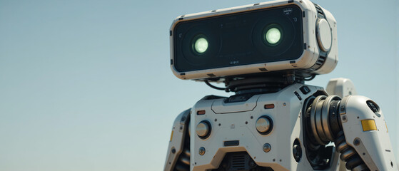 A futuristic robot featuring bright green eyes, a sleek silver body, and advanced technology.