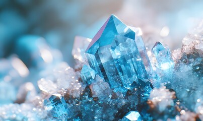 Sparkling blue crystal cluster on white quartz.