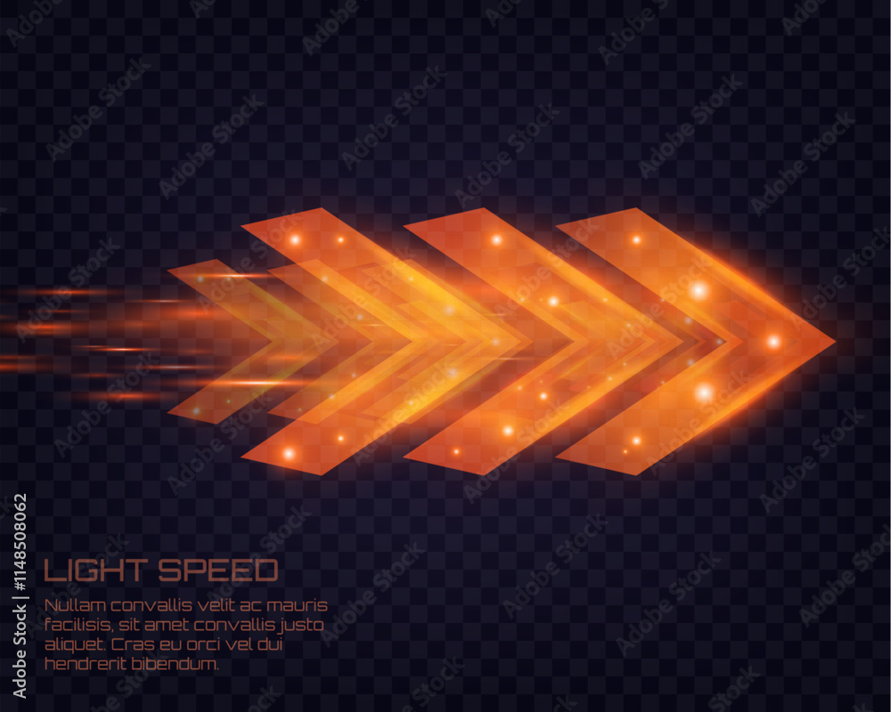 Poster orange glowing arrows with motion blur effect on transparent background, futuristic design, concept 