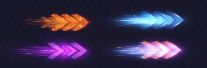Set of glowing arrows in various colors (orange, blue, purple, pink) with motion blur and light trail effects on transparent background, representing speed, technology, and futuristic themes.