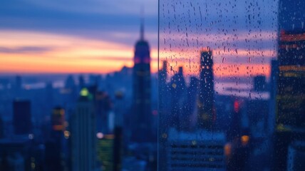 Obraz premium Rainstreaked Window Reveals City Skyline Sunset View