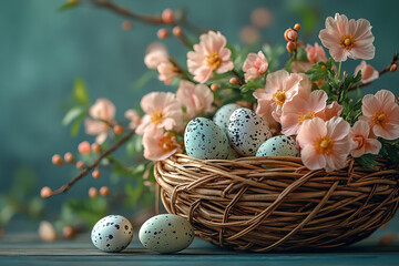 Obraz premium Easter basket with spring flowers, easter eggs, and a little Easter chick on a light green background.