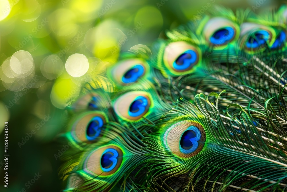 Poster close up of iridescent peacock feathers creating a stunning natural pattern