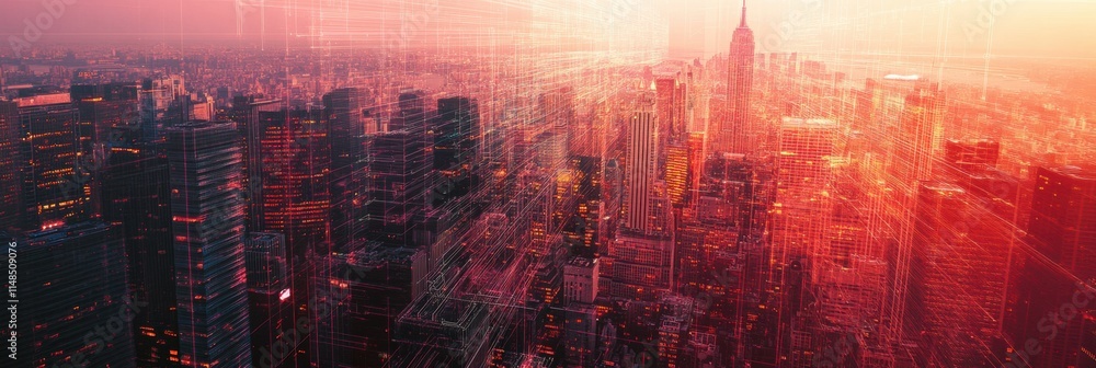 Poster city skyline illuminated by modern technology illustrating ai integration with neural networks. gene
