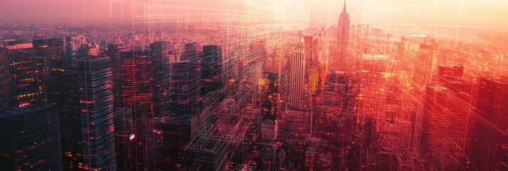 Fototapeta premium City skyline illuminated by modern technology illustrating AI integration with neural networks. Generative AI