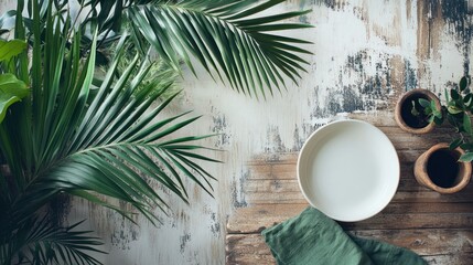 Tropical Leaves Frame Empty Bowl Rustic Tabletop