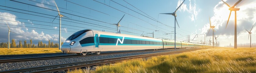 Obraz premium A modern high-speed train travels through a scenic landscape dotted with wind turbines under a bright sky.