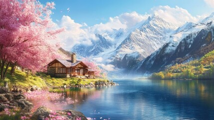 Obraz premium Mountain Lake Cabin Spring Blossoms Peaceful Scene