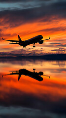 Sunset Airplane Reflection Image