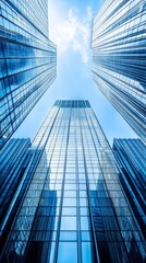 A view of tall glass skyscrapers reaching towards the sky.
