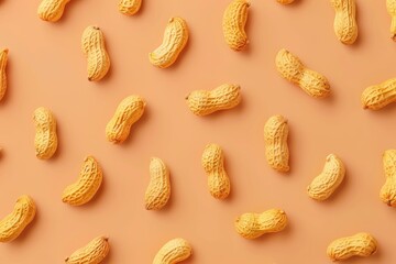 Peanuts in shell creating repeating pattern on orange background
