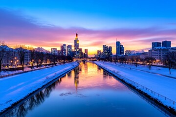 A lively scene of Frankfurt skyline at sunset, with modern skyscrapers reflecting the golden hues over the Main River